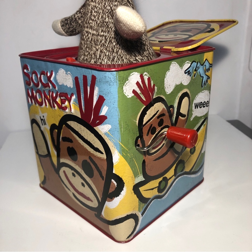 Sock Monkey Jack in the Box Schylling Windup Tin Toy Musical Plush - Picture 3 of 7